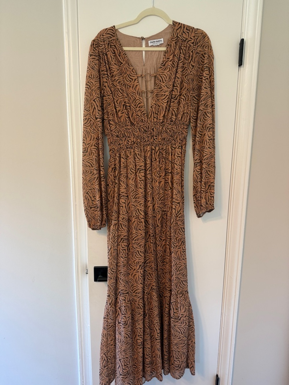 Charlie Holiday Brown Printed V‑Neck Long Sleeve Maxi Dress